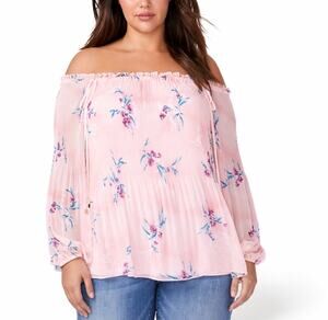 Lane Bryant Pink Floral Off Shoulder Pleated Peasant Blouse Shirt Plus Sz 18 20
